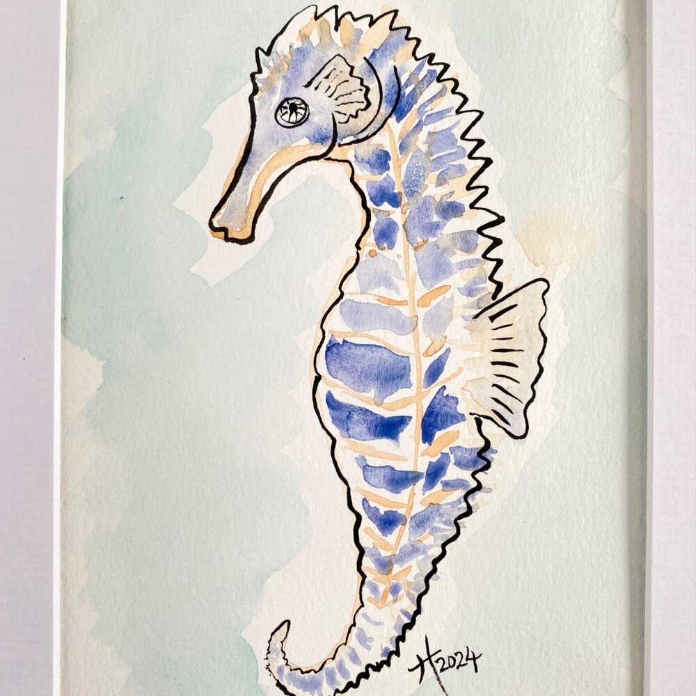 Blue Seahorse Original Watercolor Wall Art Painting 8x10in Matted Frame Ready